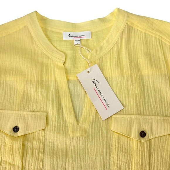 NWT 100% Cotton Tunic Top  Sz.L Pastel Yellow Crinkle V-Neck Minimalist Cottage - Picture 6 of 12